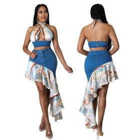 Fashion casual wrap chest leak back irregular printing bag hip small fresh suit