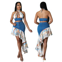Fashion casual wrap chest leak back irregular printing bag hip small fresh suit Fashion casual wrap chest leak back irregular printing bag hip small fresh suit