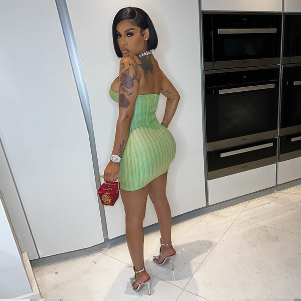Fashion sexy suspenders halter neck leak back solid color see-through dress