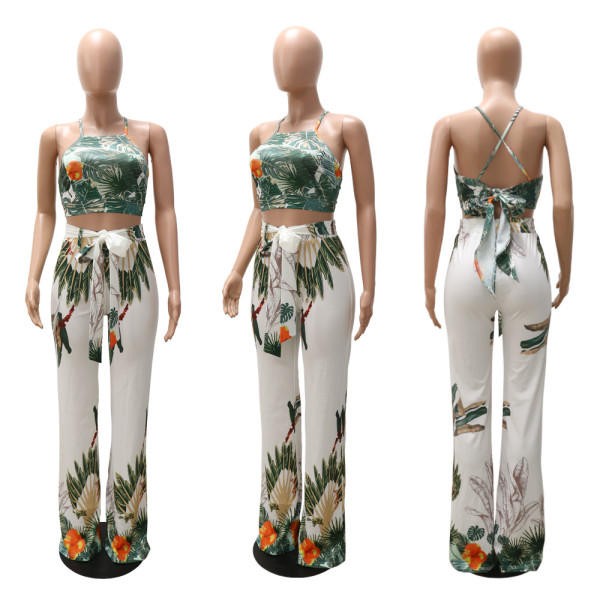 Sleeveless wrap chest lace-up top with loose high waist long two-piece set