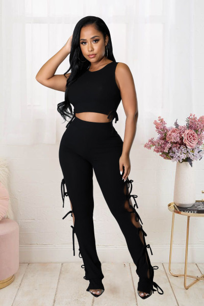Sleeveless Two-Piece Set in Hollow Lace-Up Solid Pit-Bar Fabric