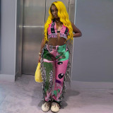 Digital Positioning Emoticon Letter Print Hanging Shoulder Wrap Chest Open Back Fringe Two-piece Set