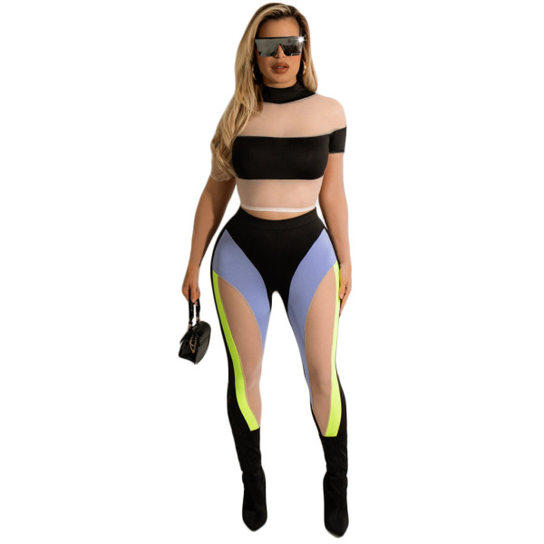 Mesh stitching fashion women's two-piece suit