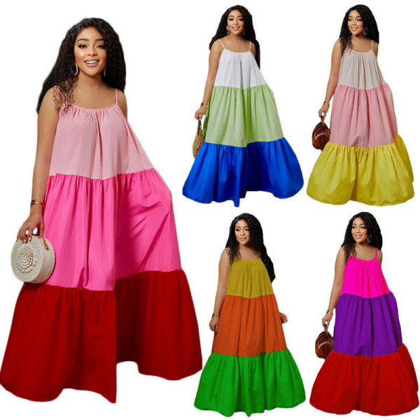 Women's Patchwork Sexy Sleeveless Contrast Long Swing Dress