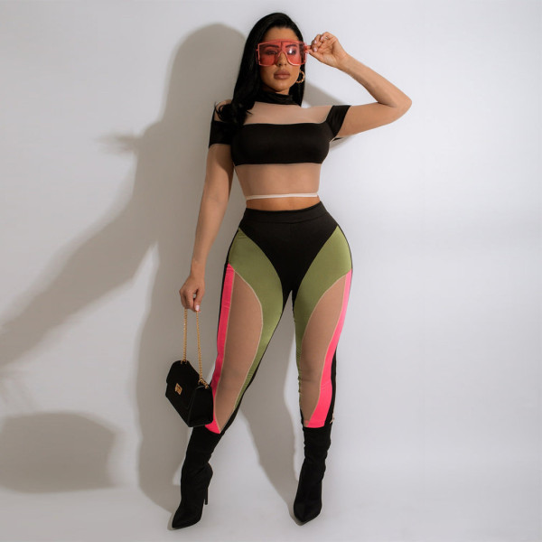 Mesh stitching fashion women's two-piece suit