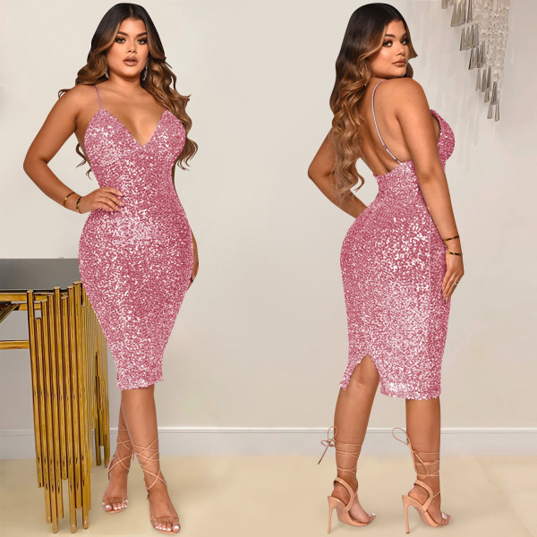 Solid Color Sequins Sexy Sling V-Neck Mid Skirt Dress Women