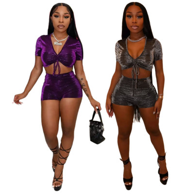 Nightclub clothes High elastic and high-quality elastic bright silk pleated V-neck two-piece suit