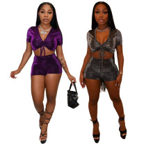 Nightclub clothes High elastic and high-quality elastic bright silk pleated V-neck two-piece suit Nightclub clothes High elastic and high-quality elastic bright silk pleated V-neck two-piece suit