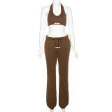 Sexy Low Cut Halter Body Top High Waist Drawstring Leisure Suit