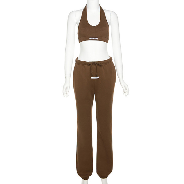 Sexy Low Cut Halter Body Top High Waist Drawstring Leisure Suit