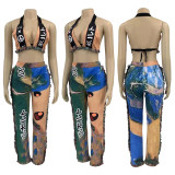 Digital Positioning Emoticon Letter Print Hanging Shoulder Wrap Chest Open Back Fringe Two-piece Set