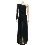 Solid color sexy mesh see-through one-shoulder slanted collar long-sleeved trousers jumpsuit women