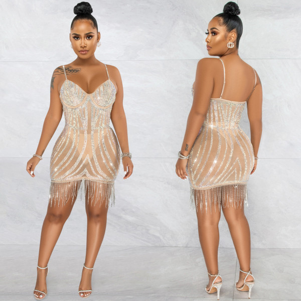 Hot Diamond Sexy Sling Sleeveless Wrap Chest Short Skirt Flowing Beard Dress