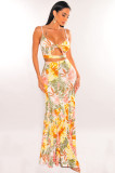 Sexy Sling Dress New Slim Print Long Dress Two Piece Set