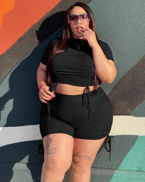 Plus Size Thread Gathered Athleisure Two Piece