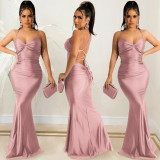 Solid color sexy suspender wrap chest open back strap tight dress