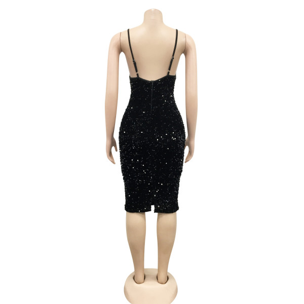 Solid Color Sequins Sexy Sling V-Neck Mid Skirt Dress Women