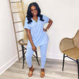 V-neck solid color loose simple casual short-sleeved two-piece suit
