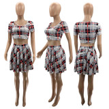 Digital Print Plaid Fashion Sexy Pleated Skirt Suit
