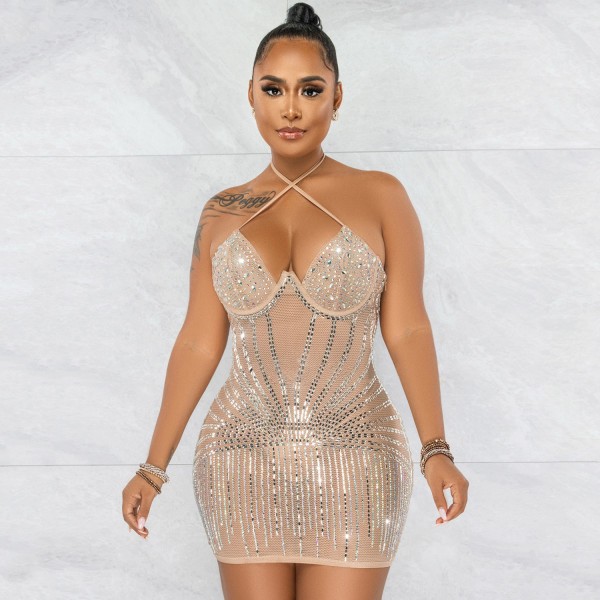 Fashion sexy suspenders wrap chest hot drill mesh see-through skirt dress