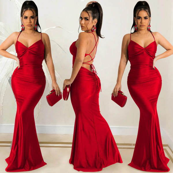 Solid color sexy suspender wrap chest open back strap tight dress