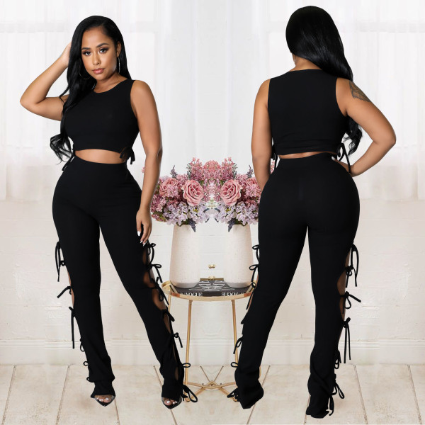 Sleeveless Two-Piece Set in Hollow Lace-Up Solid Pit-Bar Fabric