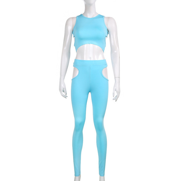 Basic solid color hollowed-out short vest trousers sports suit temperament two-piece set