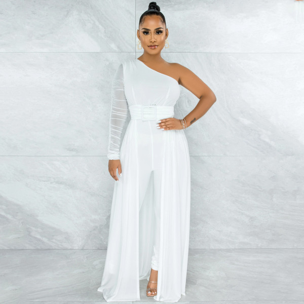 Solid color sexy mesh see-through one-shoulder slanted collar long-sleeved trousers jumpsuit women