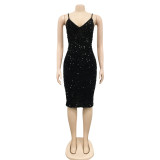 Solid Color Sequins Sexy Sling V-Neck Mid Skirt Dress Women