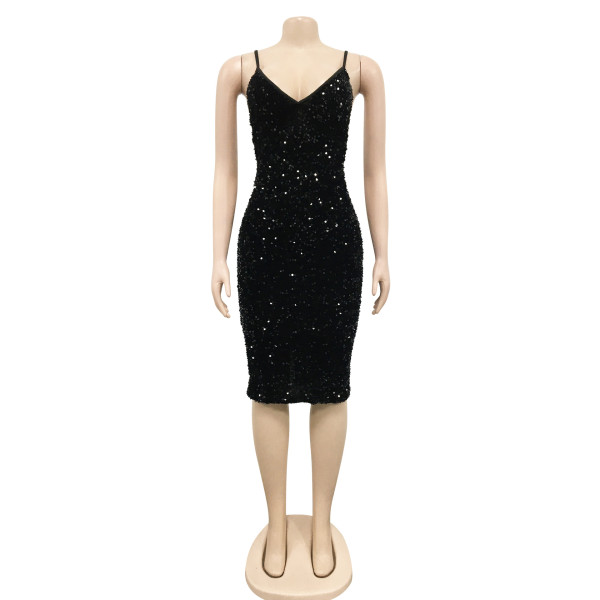 Solid Color Sequins Sexy Sling V-Neck Mid Skirt Dress Women