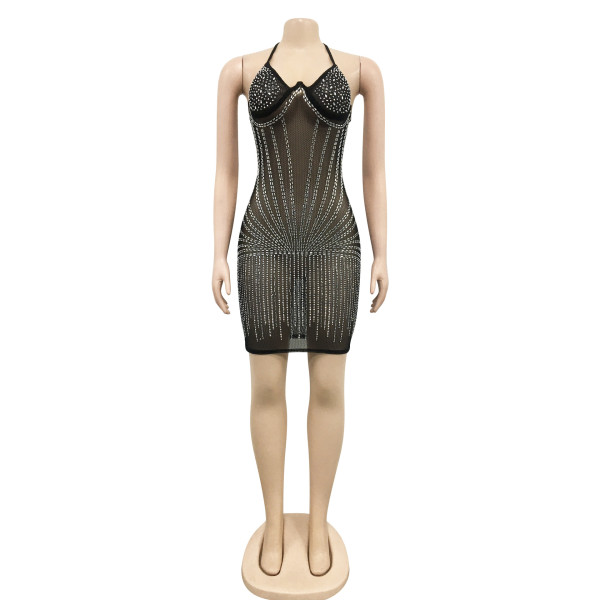 Fashion sexy suspenders wrap chest hot drill mesh see-through skirt dress