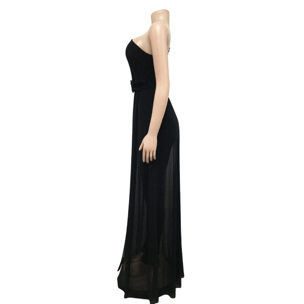 Solid color sexy mesh see-through one-shoulder slanted collar long-sleeved trousers jumpsuit women