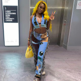Digital Positioning Emoticon Letter Print Hanging Shoulder Wrap Chest Open Back Fringe Two-piece Set