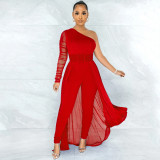 Solid color sexy mesh see-through one-shoulder slanted collar long-sleeved trousers jumpsuit women