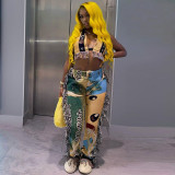 Digital Positioning Emoticon Letter Print Hanging Shoulder Wrap Chest Open Back Fringe Two-piece Set