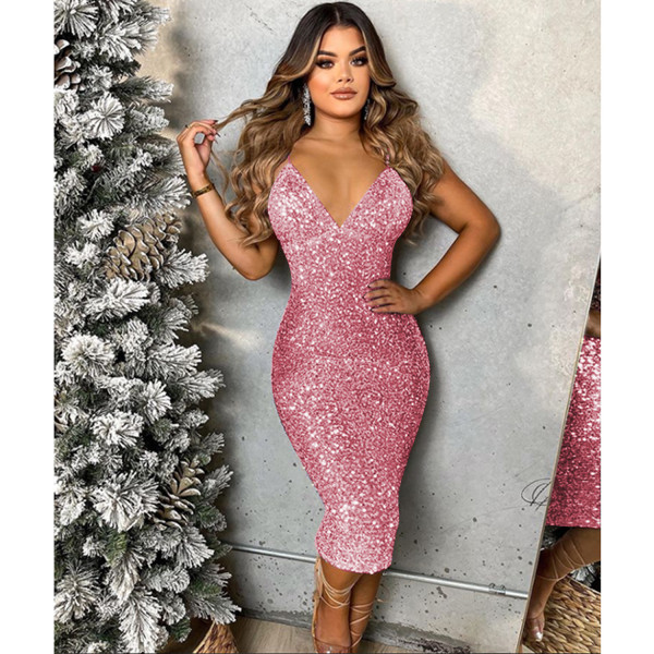 Solid Color Sequins Sexy Sling V-Neck Mid Skirt Dress Women