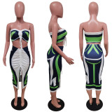Printed sexy pleated drawstring slit maxi skirt suit