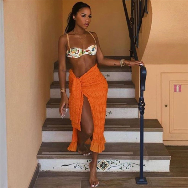 Fashion sexy women's pleated solid color knotted slit slim skirt