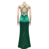Solid color sexy suspender wrap chest open back strap tight dress
