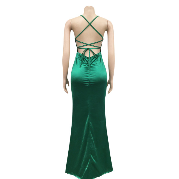 Solid color sexy suspender wrap chest open back strap tight dress