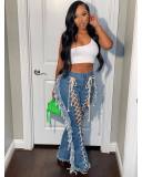 Eyelet String Fringe Straight Pants Elastic Sexy Slim Denim Trousers