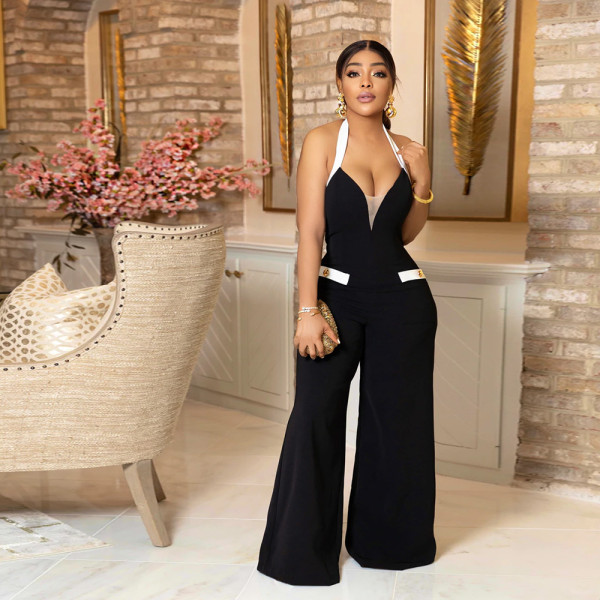 Fashion casual hanging neck V-neck wide-leg comfortable loose jumpsuit new