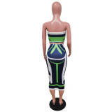 Printed sexy pleated drawstring slit maxi skirt suit