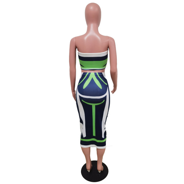 Printed sexy pleated drawstring slit maxi skirt suit