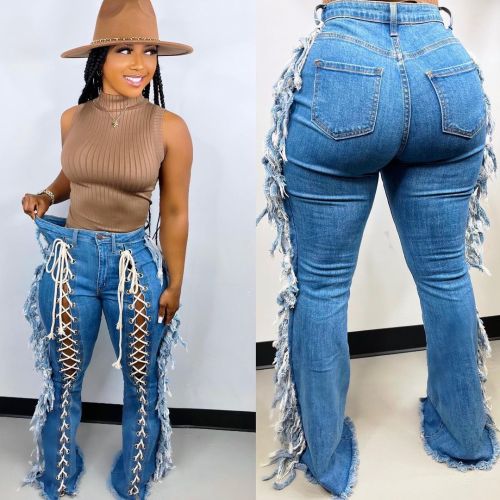 Eyelet String Fringe Straight Pants Elastic Sexy Slim Denim Trousers