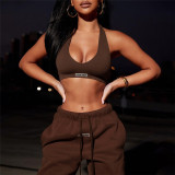 Sexy Low Cut Halter Body Top High Waist Drawstring Leisure Suit