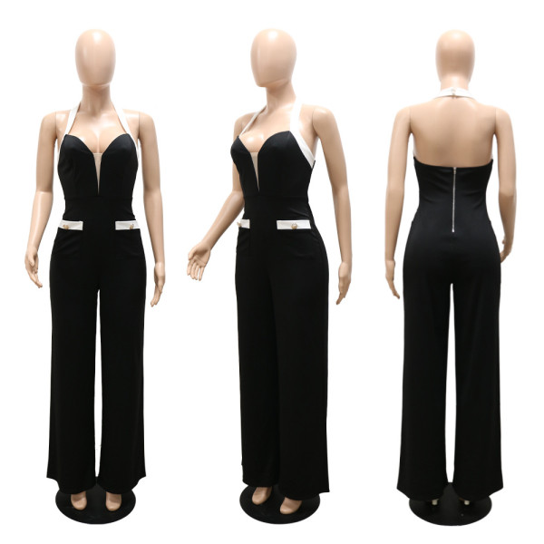 Fashion casual hanging neck V-neck wide-leg comfortable loose jumpsuit new