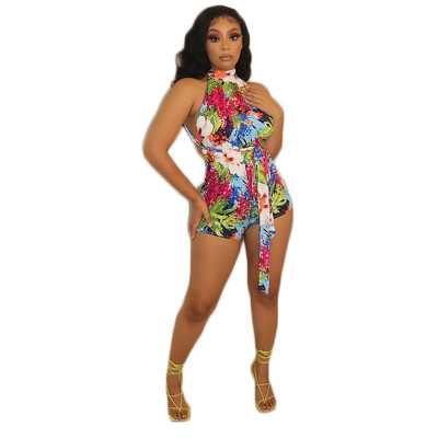 Printed Sexy Hot Pants Jumpsuit Open Back Jumpsuit