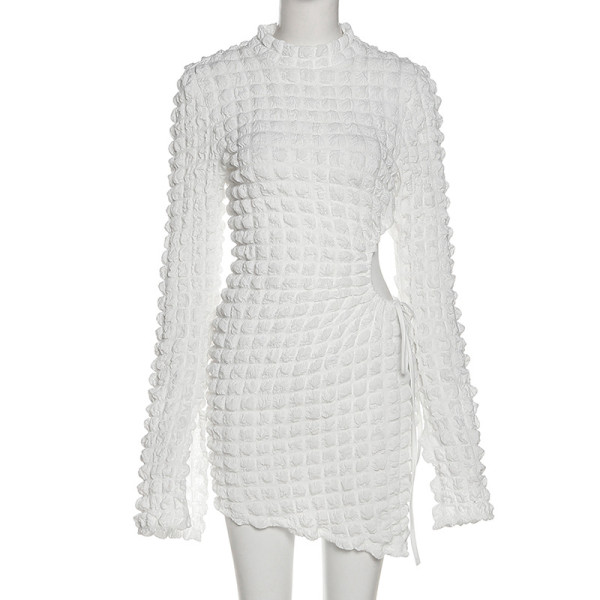 Fashion Solid Color Long Sleeve Hollow Drawstring Slim Fit Hip Dress