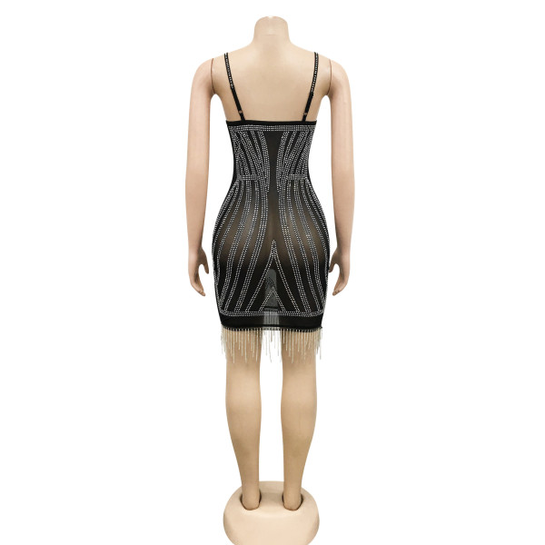 Hot Diamond Sexy Sling Sleeveless Wrap Chest Short Skirt Flowing Beard Dress